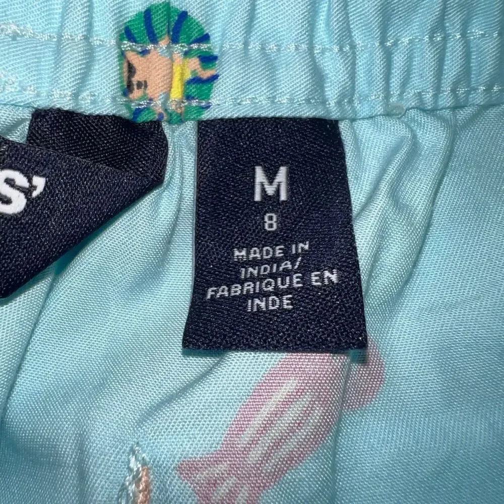 Lands End Girls Swim Shorts Beach Print Cotton Summer Light Blue Medium